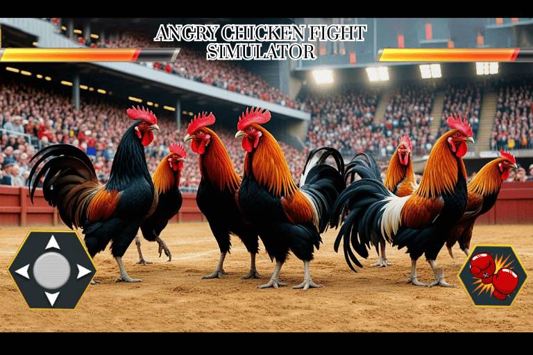 Angry chicken fight simulator gameplay showing aggressive roosters battling in a chaotic farm arena