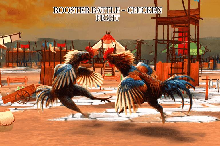 Rooster Battle Chicken Fight gameplay showing trained chickens fighting in a 3D arena battle