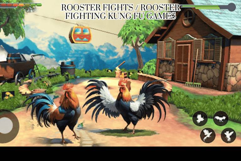 Rooster fighting gameplay scene in Kung Fu chicken game showing two roosters battling in arena