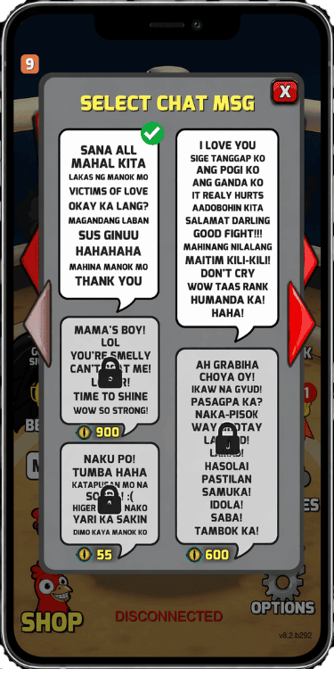 Manok Na Pula MOD APK screenshot showing chat message selection menu with different in-game phrases and unlock options