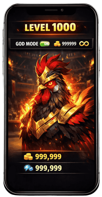 Manok Na Pula mod dashboard showing level 1000, God mode enabled, and unlimited coins resources in mobile gameplay