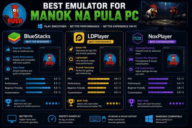 Manok Na Pula Mod APK for PC emulator comparison infographic showing BlueStacks, LDPlayer, and NoxPlayer performance and gameplay features.