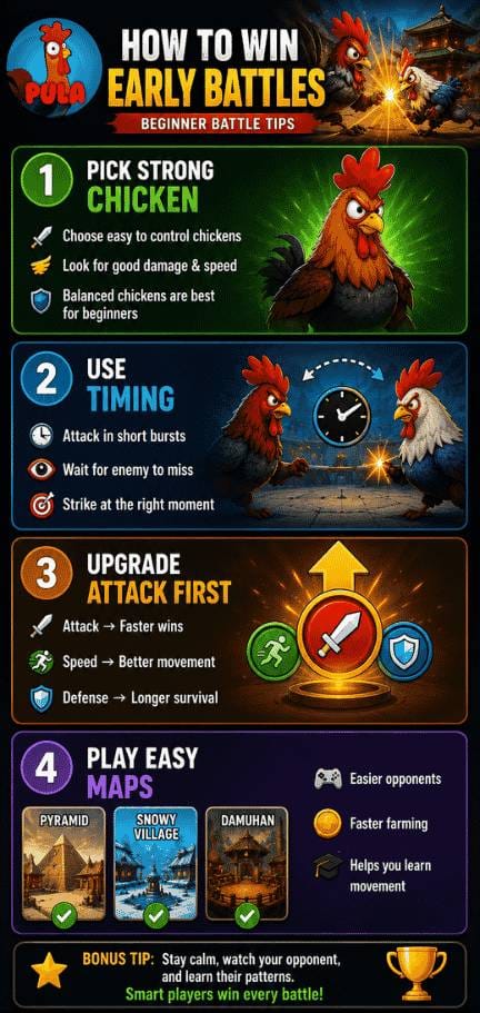 How to Win Early Battles in Manok Na Pula – Beginner Strategy Guide How to Win Your First 10 Battles in Manok Na Pula: Early Battles in Manok Na Pula beginner infographic showing strong chickens, timing tips, attack upgrades, and easy maps.
