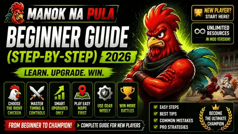 Manok Na Pula beginner guide banner with cartoon rooster