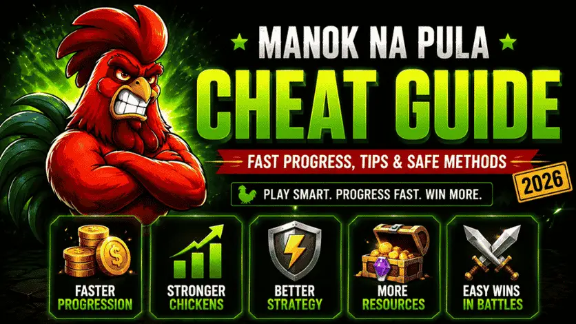 Manok Na Pula cheat guide banner with cartoon rooster