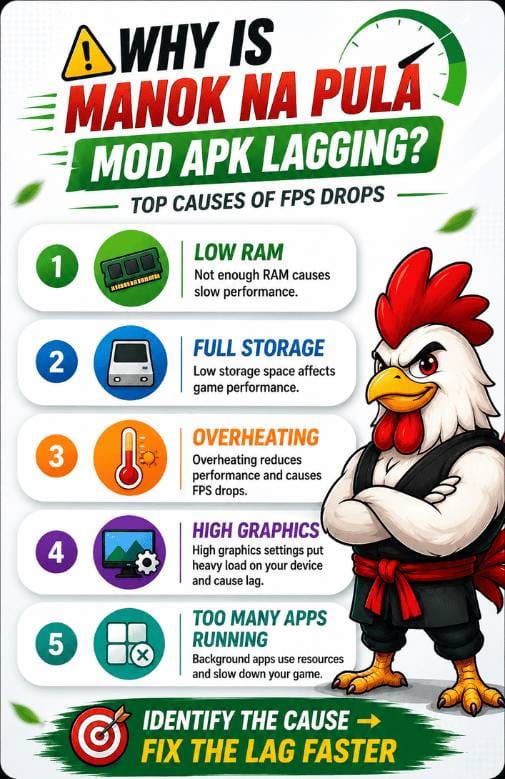 Hokage Chicken (Sage Mode) Top causes of FPS drops in Manok Na Pula Mod APK including low RAM full storage overheating high graphics and background apps