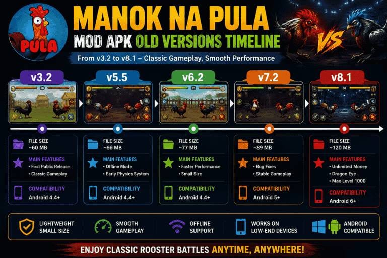 Old Versions 1 Manok Na Pula MOD APK Old Versions timeline infographic showing v3.2 to v8.1 features, file sizes, compatibility, and classic gameplay improvements.
