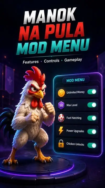 Manok Na Pula Mod Menu with unlimited money, max level, fast hatching, power upgrades, and chicken unlocks