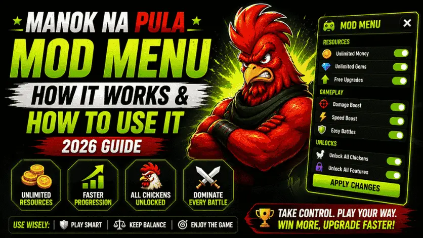 Manok Na Pula mod menu guide banner with cartoon rooster