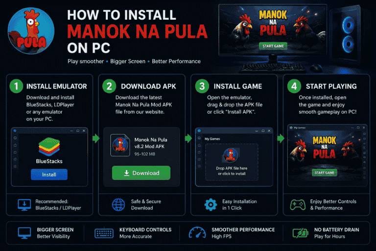 Step-by-step infographic showing how to install Manok Na Pula on PC using Android emulators like BlueStacks, LDPlayer, and NoxPlayer.