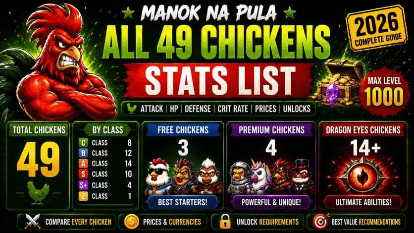 Manok Na Pula Chicken Stats List (2026) – All 49 Chickens 3 Manok Na Pula 49 chickens stats list showing chicken classes, prices, Dragon Eyes fighters, free chickens, and unlock requirements.