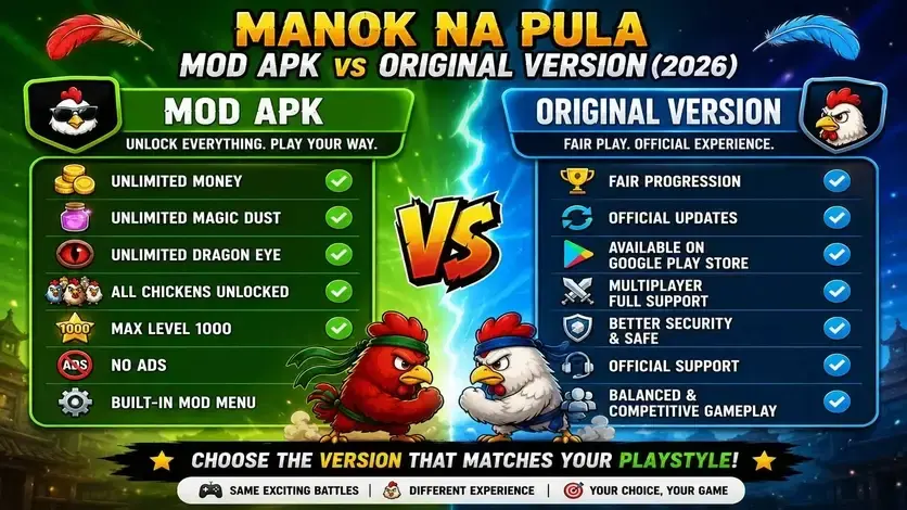 Manok Na Pula MOD APK vs Original Version (2026) 2 Manok Na Pula MOD APK vs Original Version comparison infographic